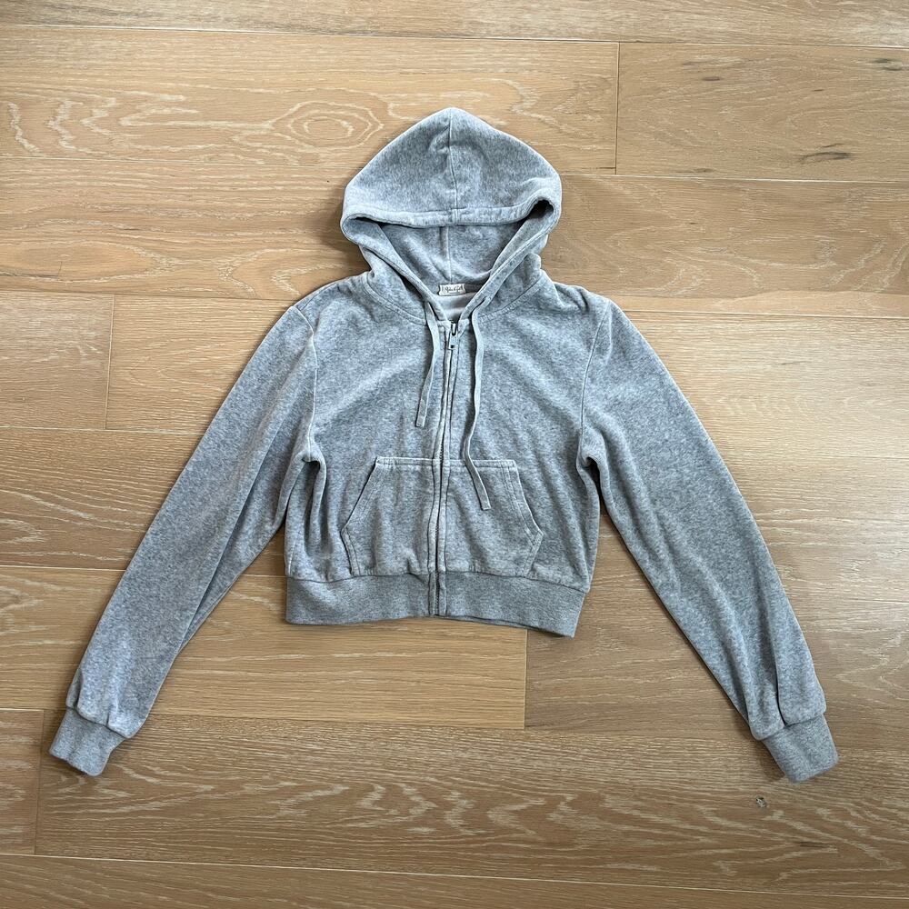 Brandy Melville John Galt Light Gray Velour Full Zip Hoodie Cropped OS